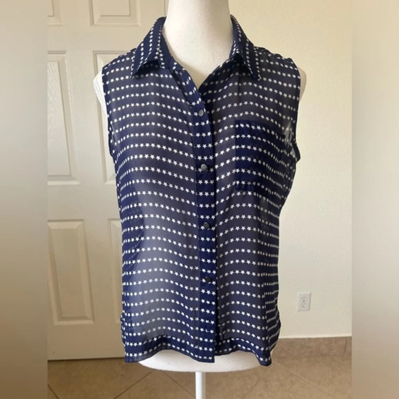 Liz Claiborne Blue White Star Print Sheer Sleeveless Tank Top Women's Size Small - Picture 1 of 11